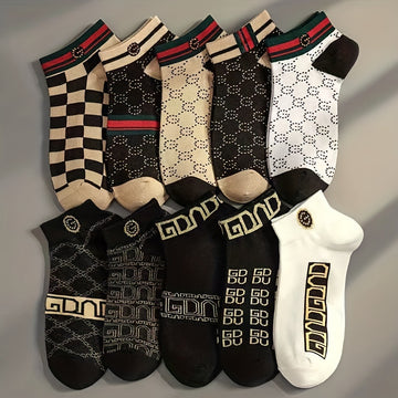 10 Pairs Of Men's French Style Vintage Pattern Crew Socks, Comfy Breathable Casual Soft & Elastic Socks, Suitable For Summer