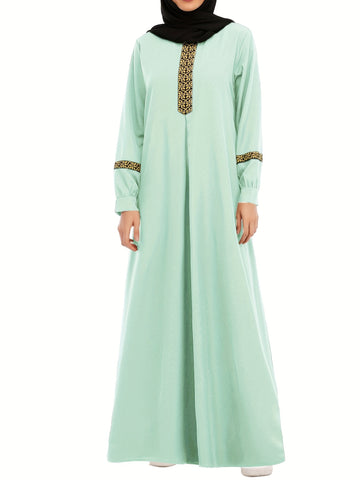 Contrast Trim Kaftan, Elegant Long Sleeve Maxi Length Dress, /MH