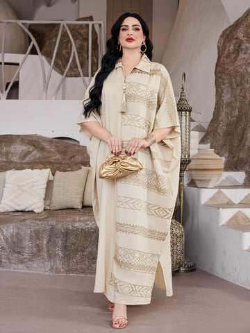 Elegant Ramadan Jalabia Dress - Golden & Black Geometric Embroidery,/MH