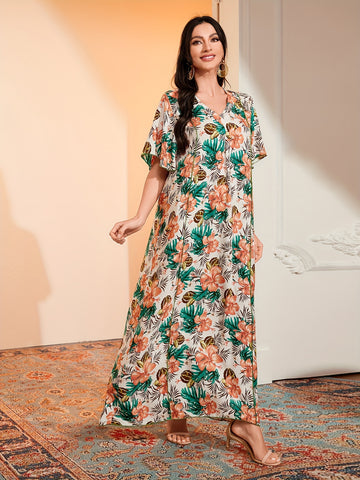Ramadan Floral Print V Neck Kaftan, Elegant Ruffle Sleeve Dress,/MH