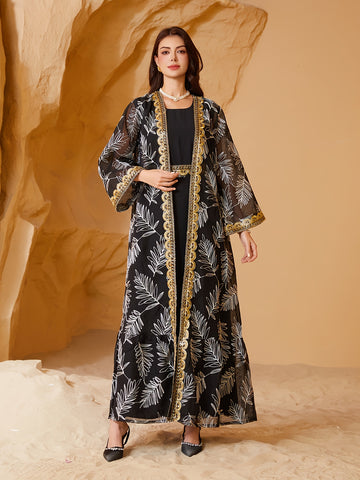 Elegant Black Abaya with Golden Floral Embroidery - Stylish Long-Sleeve '/MH