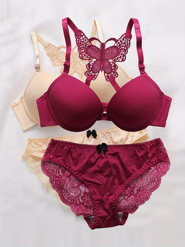 2sets Contrast Lace Underwire Bra & Panty, /MH