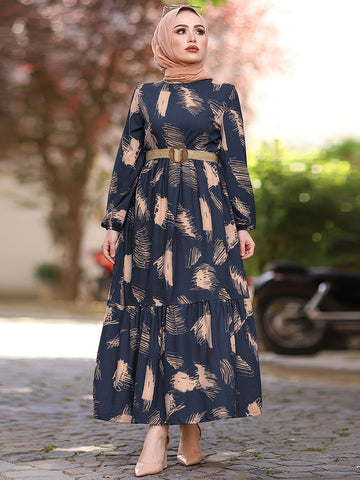 All Over Print Crew Neck Kaftan, Casual Long Sleeve Maxi Dress,/MH