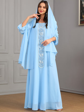 Embroidered Crew Neck Kaftan Dress, Elegant Long Sleeve women fashion '/MH