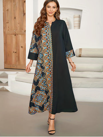 Floral Print Notched Neck Kaftan Abayas, /MH