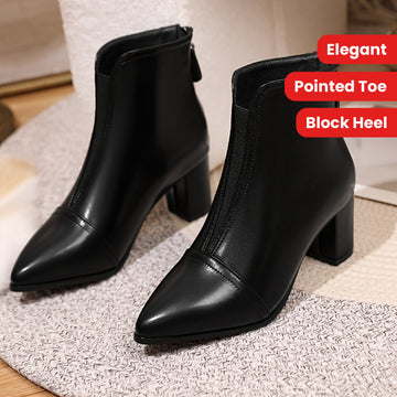 1pr Elegant Solid Color Mid Heel Ankle Boots for Women - Pointed Toe, Block Heel, Back Zipper Closure, All-Season Dress Boots with Waterproof Platform Sole