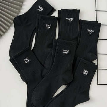 7 Pairs Plus Size Casual Crew Socks Set, Women's Plus Letter Graphic Comfort Soft Crew Socks For Daily Life 7pcs Set