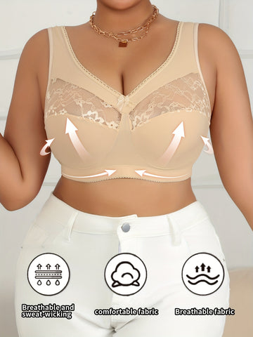 Plus Size Contrast Lace Trim Bra - Breathable Comfortable Stretch Fabric,/MH