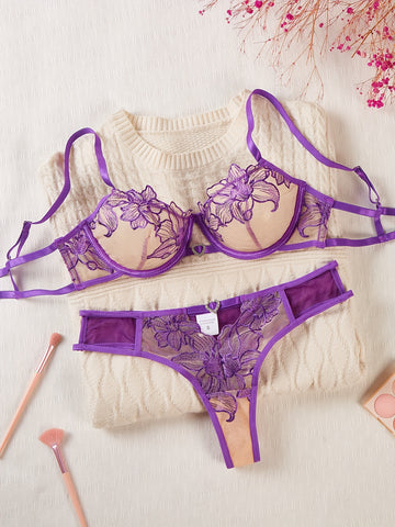 Sexy Floral Embroidery Lace Bra & Panty, Heart Ring Decor Bra'/MH