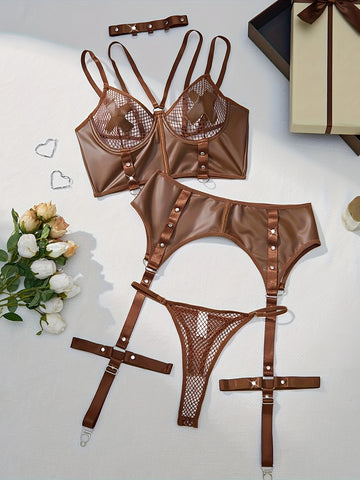 Sexy Sheer Lingerie Set With Rivet Detail, Includes Push-Up Bra,/MH
