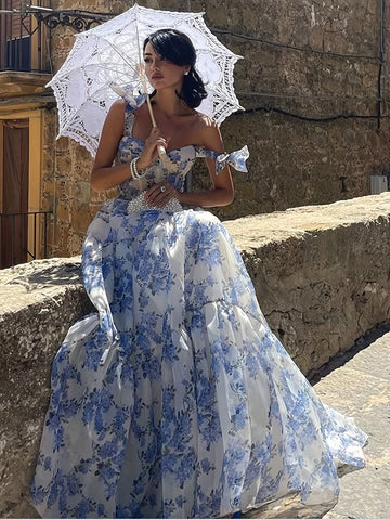 Elegant French Floral Off-Shoulder Long Dress - Sleeveless, Flowing A-Line Silhouette, Blue & White Floral Pattern, Backless Design for Women, Perfect for Weddings and Formal Events, Floral Dress