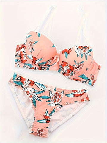 Floral Print Bra & Panty, Bow Decor Plunge Bra & Panties Lingerie Set, /MH