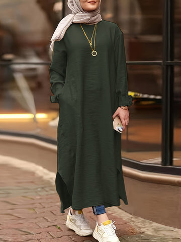 Solid Split Kaftan Dress, Modest Long Sleeve Maxi Dress '/MH
