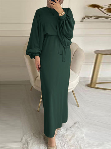 Lantern Sleeve Tie Waist Abaya, Elegant Crew Neck Dress, Women's Clothing./MH
