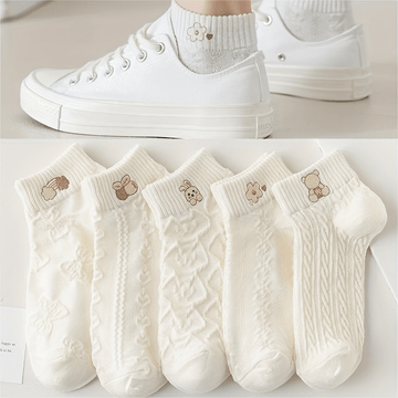 5 Pairs of Whimsical Cartoon Patterned Ankle Socks for Women - Breathable Woven Embossed Short Socks with Cute Designs - Stockings and Socks for Everyday Wear