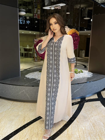 Middle Eastern Abaya Robe - Geometric Pattern Long Sleeve Woven Polyester Kaftan Dress for All Seasons - Regular Fit Traditional Style - Prayer Dress Without Belt