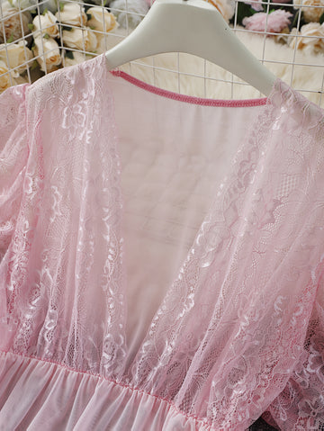 Women's Sexy Lace Trim Nightgown - Soft Pink Contrast Lace & Semi-Sheer Stretchy Sleepwear, Hand Wash Only Elegant Loungewear for Intimate Occasions, Lingerie Sleepwear, Luxury Bedtime Attire, Offshoulder Nightgown, Delicate