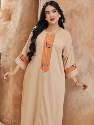 Elegant JALABIA Arabic Women'S Embroidered Dress - Traditional Mid-Length Sleeve, Beige with Orange & Black Accents, Perfect for Spring/Summer, Eid al Adha & Eid al-Fitr Celebrations, Elegant Attire | Traditional Dress | Intr