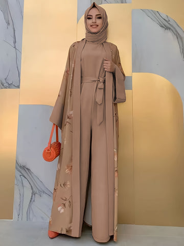 Ethnic Modest Dress Set Without Hijab, Floral Print Long Length leeveless , /MH