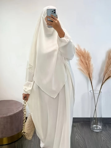 Solid Color Simple Modest Dress, Elegant Long Sleeve Maxi Dress With Hijab, /MH