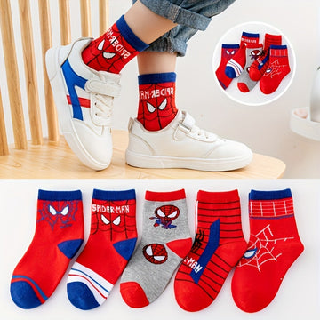 UME Authorized 5 Pairs Of Boy's Cotton Spiderman Cartoon Design Crew Socks, Soft Breathable Comfy Socks For Spring/Autumn Season