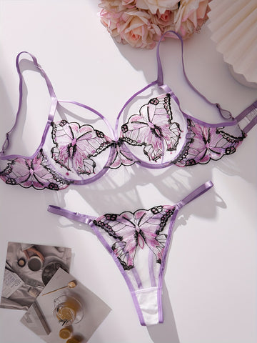 Butterfly Embroidery Mesh Lingerie Set, Strappy Plunge Bra & Thong, /MH