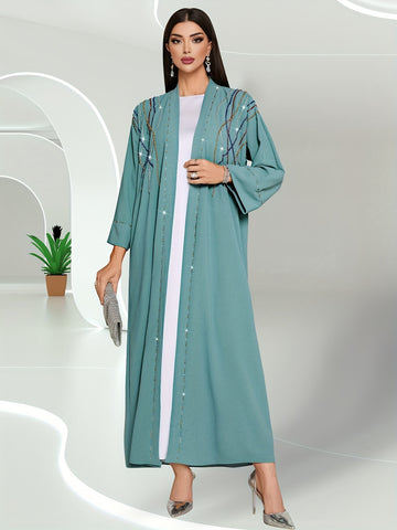 Rhinestone Open Front Kaftan, Elegant 3/4 Sleeve Outerwear'/MH