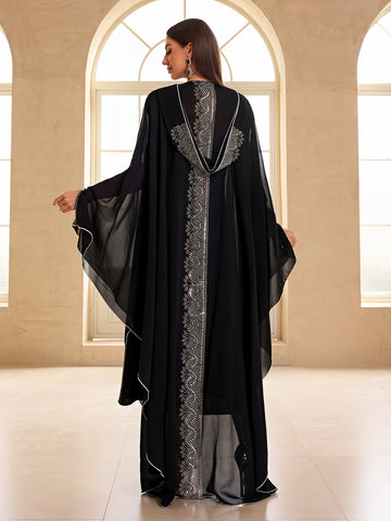Women Modest Festival Dress Arabic Style Rhinestone Chiffon V-Neck 2pcs Set Prom Party Long Dress Turkish Style Hooded Long Sleeve Dress Kaftan Arabian Dress