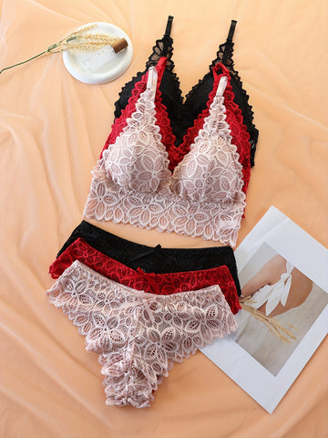 3 Sets Floral Lace Bra & Panties, Wireless Push Up Bra ./MH
