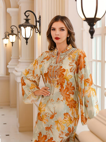 Maple Print Tie Neck Kaftan Dress, Elegant Long Sleeve 'MH