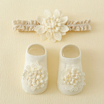 1 Pair Of Toddler's Cute Flower Design Low-cut Ankle Socks & Hairbands, Soft Comfy Cotton Blend Children's Sets For Girls All Seasons Wearing