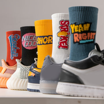 5 Pairs Of Men's Trendy Street Style Letter Print Crew Socks, Cotton Blend Knitted Comfy Breathable Casual Soft & Elastic Socks, Spring & Summer