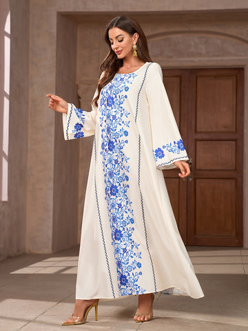 Floral Print Crew Neck Kaftan Dress, Elegant Long Sleeve 'MH