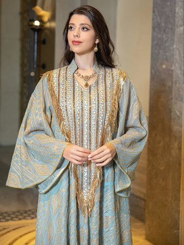 1pc Muslim Evening Dress, Arabic Dubai Queue Robe with Mesh Embroidery and Sequins Kaftan for Women