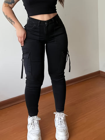 Women's High-Waist Stretchy Black Cargo Pants with Multiple Pockets - Y2K Streetwear Style, Comfortable & Stylish for Casual Outings, Cute Pants