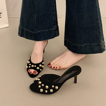 Women'S Elegant Open-Toe Stiletto Heel Sandals with Sparkling Back Strap - Black Synthetic Cover Slip-On Pumps for Summer, Casual & Formal Outfits, High Heel Sandals, Stylish Streetwear Footwear, Comfortable Insole Fabric