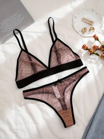Sexy Lingerie Set, Contrast Trim Pint Dot Mesh Semi Sheer'/MH