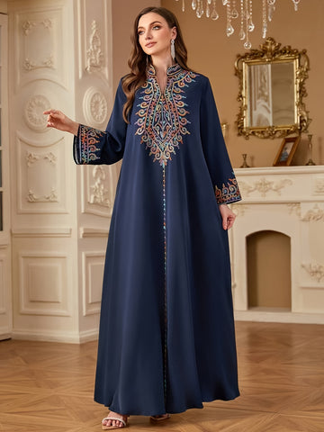 Elegant Light Blue Abaya with Intricate Floral Patterns - Long Sleeve, V-Neck, /MH