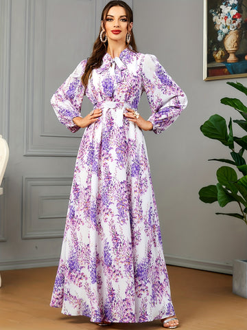 Ramadan Floral Print Tie Neck Kaftan Abayas, /MH