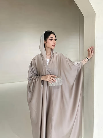 Open Front Hoodie Kaftan Dress, Elegant Long Batwing Sleeve Non-Stretch '/MH