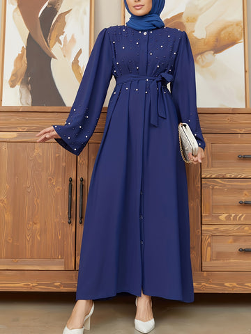 Elegant Navy Blue Abaya with Pearl Embellishments and Belt -/MH