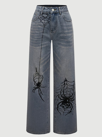 AW25 Women'S Streetwear Spider Print Wide-Leg Jeans - Black Denim with White Spider Web Design, Flake Detail, All-Season Casual Pants for Casual Attire, Ladies Jeans
