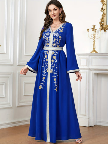 Ramadan Beaded Floral Pattern Kaftan, Elegant Long Sleeve 'MH