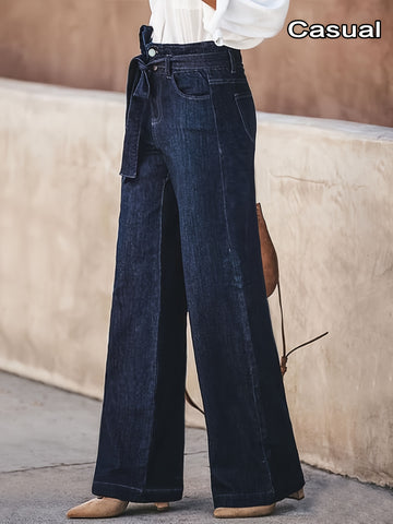Women'S Stretch High-Waisted Wide-Leg Jeans - Non-See-Through All-Season Pants with Side Pockets, Stretchy Jeans for Women, Office, Travel, Everyday - Elegant Non-Bulky Leggings, High Waisted Jeans, Office Wear, Relaxed Fit,