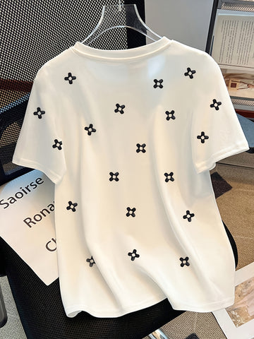 Women'S White V-Neck T-Shirt with Black Cross Pattern - Casual Short Sleeve Top for Spring/Summer, Casual Wear|Vneck Tshirt|Stretchy Fabric