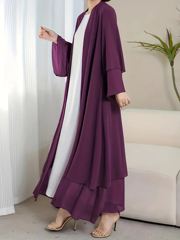 Solid Color Tie Waist Modest Dress, Elegant Layered Hem Maxi '/MH