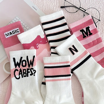7 Pairs Letter Striped Socks, Comfy & Breathable All-match Socks, Women's Stockings & Hosiery