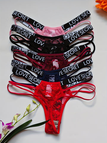 5pcs Letter Print Color Block Thongs, Sexy Comfy Breathable '/MH