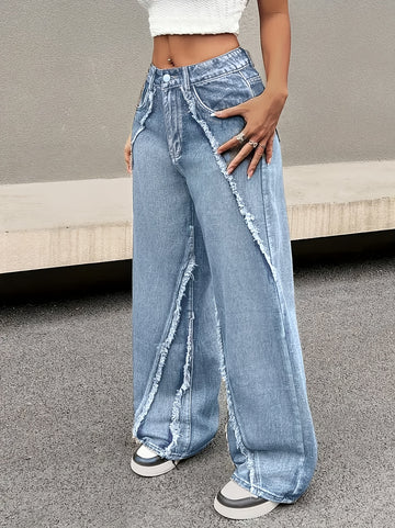 Women's Non-Stretch Denim Wide-Leg Pants - Mid-Rise Vintage Jeans with Flowy Frayed Hem, Easy-Care Machine Washable for Casual Everyday & Formal Outfits - Non-Stretchy Leg Opening Trousers, Summer Wardrobe, Relaxed Fit, Comfo