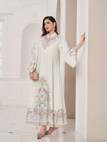 Floral Print Mock Neck Long Sleeve Kaftan Dress, /MH